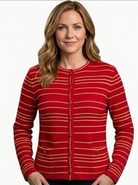 St. John Red and Gold Striped Cardigan Sweater